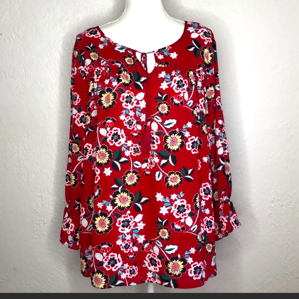 Valerie Stevens Ruffle Floral Red Peasant Blouse